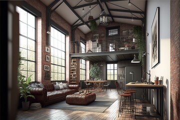 Living room loft in industrial style 