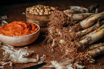 raw calcots and romesco sauce typical of Catalonia