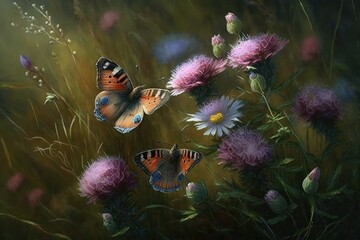 Flowers and butterflies in grass on meadow, nature in rays of sunlight in summer or spring as macro (generative AI)