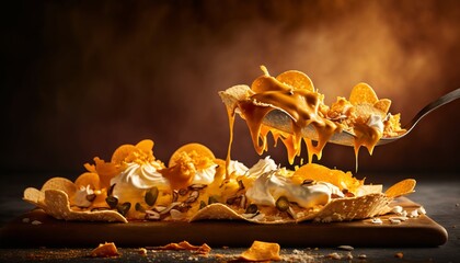 Spooning melted cheese over crispy nachos. AI generative.