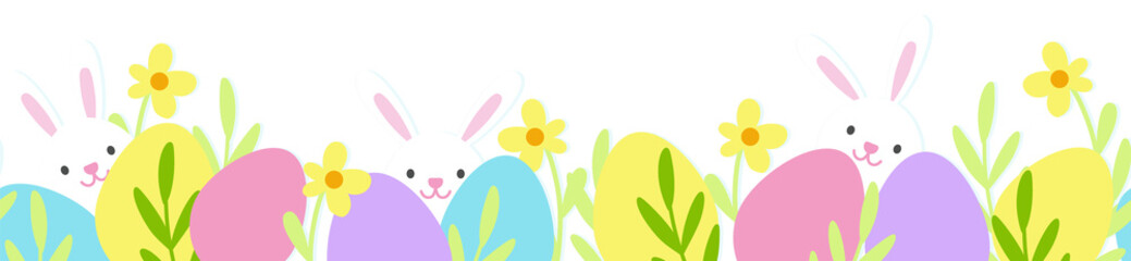 Cute Easter border. Horizontal seamless pattern with Easter bunny, eggs and flowers. Beautiful background great for Easter card, packaging, textiles, wallpaper