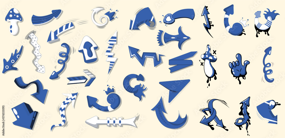 Poster Retro arrows of various directions of the comic pop art set. Street art design elements set. Arrow doodle isolated on white background. Sketch on notebook page. Vector