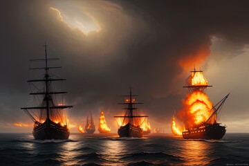  oil painting of several ships burning brightly in the sea, pillars of dark smoke rising from the galleons. Ai generated - obrazy, fototapety, plakaty