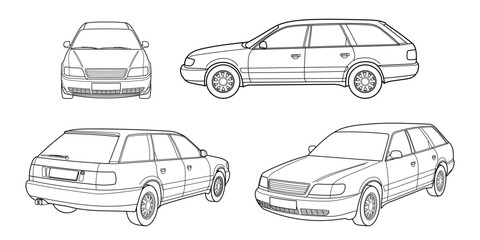 Set of classic station wagon. Different five view shot - front, rear, side and 3d. Outline doodle vector illustration.