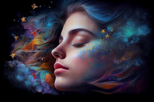 Abstract Woman Dream Decorated By Harmony And Endless Colors Of Star In The Sky Background . Sleeping Beautiful Girl Imagination . Sublime Image. Generative AI