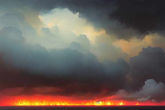  oil painting of several ships burning brightly in the sea, pillars of dark smoke rising from the galleons. Ai generated