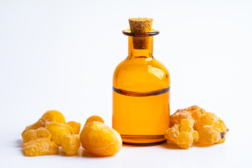 Frankincense or olibanum aromatic resin isolated on white background used in incense and perfumes.