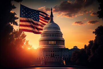 American Flag At Sunset With The Capitol Building On The Background. Generative AI