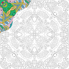 Decorative doodle pattern for coloring book. Hand drawn fantasy line art, floral geometric ornament for painting, coloring page. Tribal ethnic decoration. Black and white with sample of colors