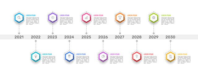 Infographic timeline hexagon 10 years. 10 years anniversary. Vector illustration.