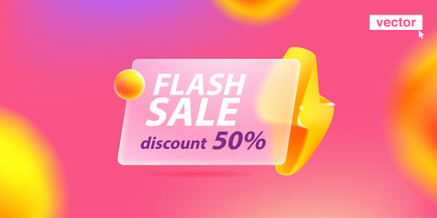 Flash sale with lightning icon in glassmorphism style on pink background banner template. Big sale, end of season special offer design.