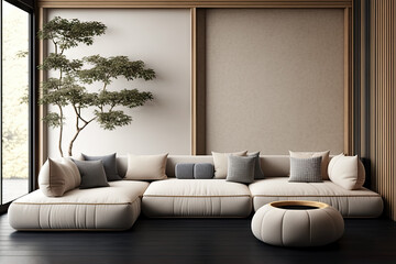 Japanese modern living room in earthy Morandi tones. Modern minimalist interior. Background with contemporary design. Modern interior design. 3D render, generative ai.