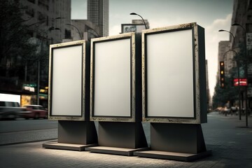 Set of three dull blank neon box advertising mockup on the street, Generative AI