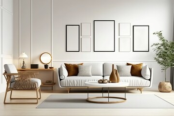 Set of gallery blank poster frame mockup on modern living room with armchair, Generative AI