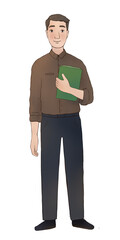 friendly smiling male teacher full body character with book in his hand 