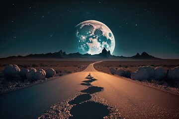The moon shines brightly over the paved road at night. Generative AI - obrazy, fototapety, plakaty