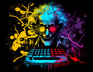 Hacker with a keyboard in mixed vibrant primary colors - obrazy, fototapety, plakaty