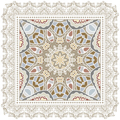 Decorative doodle ornament, symmetric pattern with lace frame. Tribal ethnic mandala decor. Bandana shawl, hijab, tablecloth fabric print, silk neck scarf, kerchief design. Colorful vector background