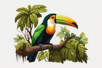Isolated white background with a toucan perched on a tree limb. Generative AI