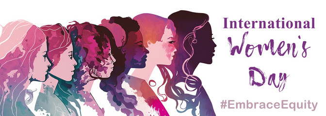 A row of diverse women's pastel watercolor illustrations celebrating International Women's Day. Generative AI.