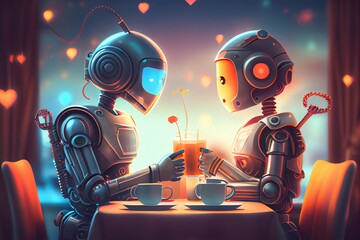 Couple Of Lovers Humanoid Robots On A Romantic Date. ValentineS Day With Love. Illustration. Generative AI