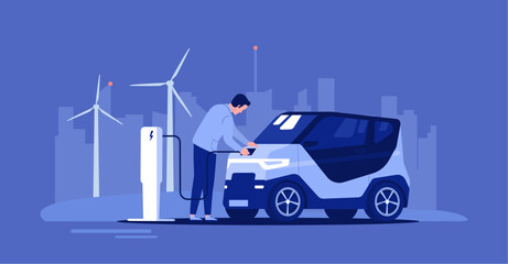 A man plugs his compact electric car into charging. Vector illustration.