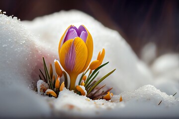 Fototapeta na wymiar Crocus Bulb Blooming In Snow, First Spring Flower. Close Up Macro View. Generative AI