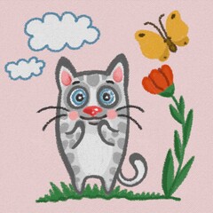 funny cat and flower digital illustration art 