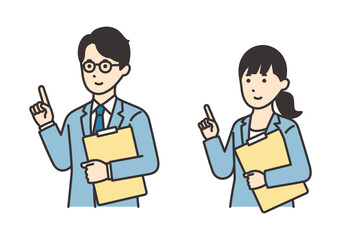 資料を持って指をさすスーツを着た女性と男性のイラスト素材セット