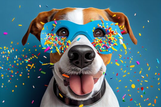 Cute Dog Celebrating Birthday And Carnival With Mask, Confetti And Streamer. Generative AI