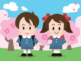 桜の木の前に立つ笑顔の小学生