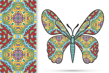 Decorative butterfly and colorful doodle seamless pattern, hand drawn repeating texture. Isolated elements for textile fabric, paper print, invitation or greeting card design. Vector animal collection