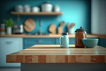 Obraz na płótnie Canvas empty wooden desk over blurred,defocused kitchen with copy space. Generative Ai 