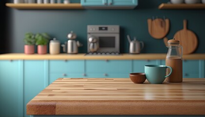 Fototapeta na wymiar empty wooden desk over blurred,defocused kitchen with copy space. Generative Ai 