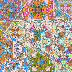 Vector patchwork quilt pattern. Vintage decorative collage. Hand drawn background. Indian, Arabic, Turkish motifs for printing on fabric or paper. Abstract colorful doodle pattern in mosaic style
