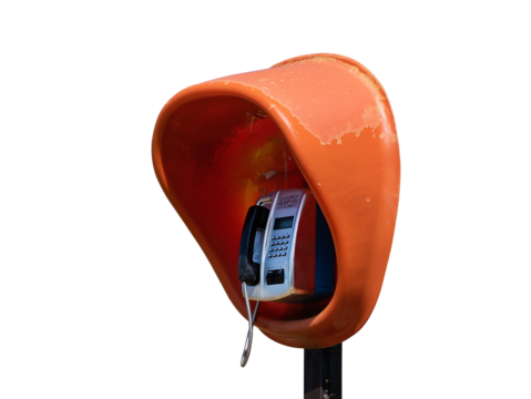 The only obsolete telephone booth with an atom works in a distant village isolated on a white transparent background.