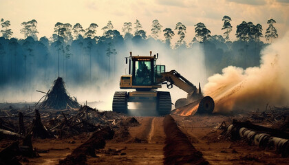 destruction of our forests with heavy machinery felling trees, highlighting the urgent need for forest conservation efforts. space for text - obrazy, fototapety, plakaty