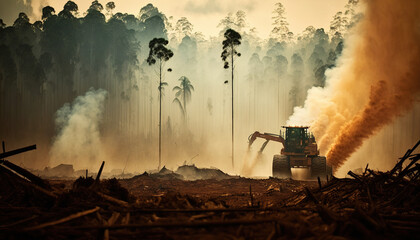 destruction of our forests with heavy machinery felling trees, highlighting the urgent need for forest conservation efforts. space for text - obrazy, fototapety, plakaty