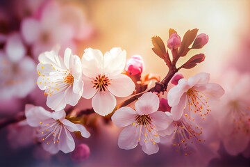 Floral Flower Spring Abstract Background Of Cherry Blossom Flower In Spring Season In Japan . Sublime Image. Generative AI