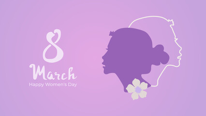 International Women's Day 8 March background template with women head silhouette, flower, and handwritten text in purple pink color. Vector illustration in trendy style. Editable graphic resources.