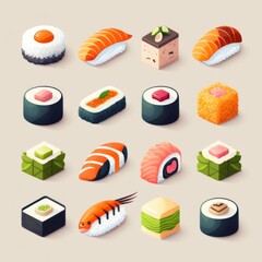 Sushi - asian food with fish, rice, seaweed, caviar. Sushi icon set illustration. GENERATIVE AI