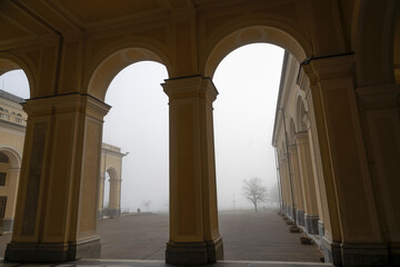 The porch of the Sanctuary of Our Lady of the Guard (Madonna della Guardia) in the fog, in Genoa, Italy.