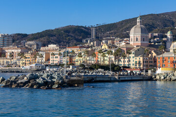 GENOA, ITALY, FEBRUARY 2, 2023 - View of the pier of Genoa Pegli, Italy