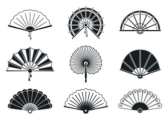Black silhouettes of chinese, japanese paper folding hand fans