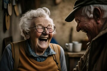 Elderly husband and wife laughing together - AI generated image - obrazy, fototapety, plakaty