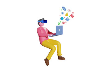 Boy using social media by VR  3d illustration