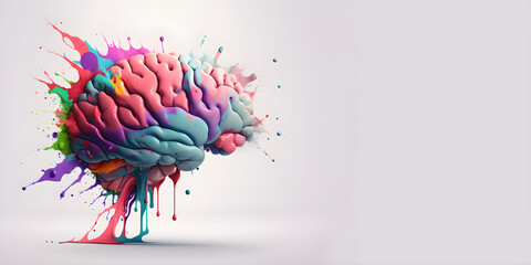 Brain with Colorful Paint Splatters, 3D Concept Art with Empty Space
