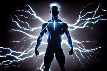 Man In Lightning Flashes, Body Silhouette With Inner Energy. Generative AI