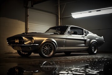 Wallpaper Illustration and background of a beautiful custom car in the garage. Side View. Concept of tuned car. Sports car, futuristic sports car concept. Generative AI