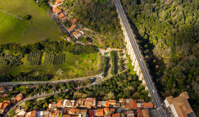 Aerial perpendicular view of the bridge of Ariccia, near Rome in Italy. It is a monumental road...